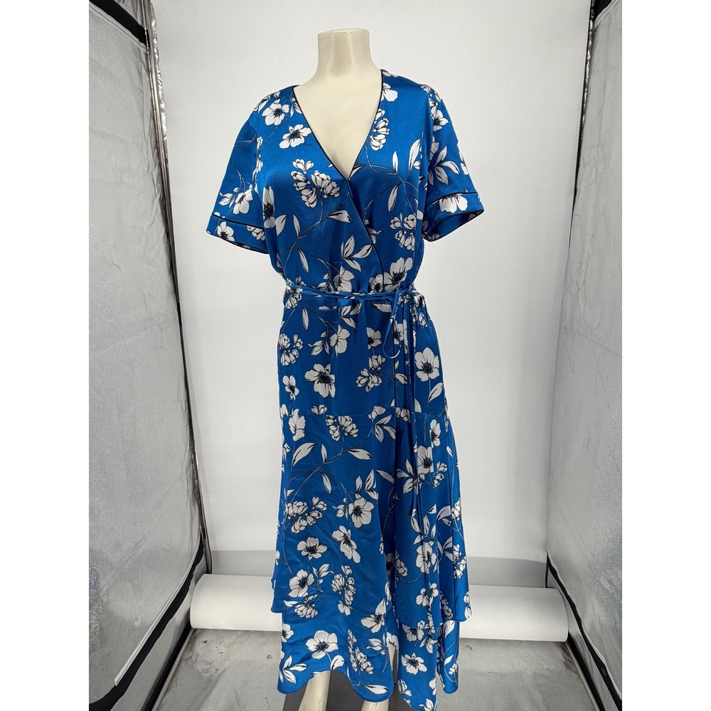 White House Black Market Blue Floral Faux Wrap High Low Midi Dress Size 6